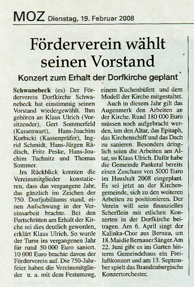 Artikel in der M&auml;rkischen Oderzeitung vom 19.2.2008